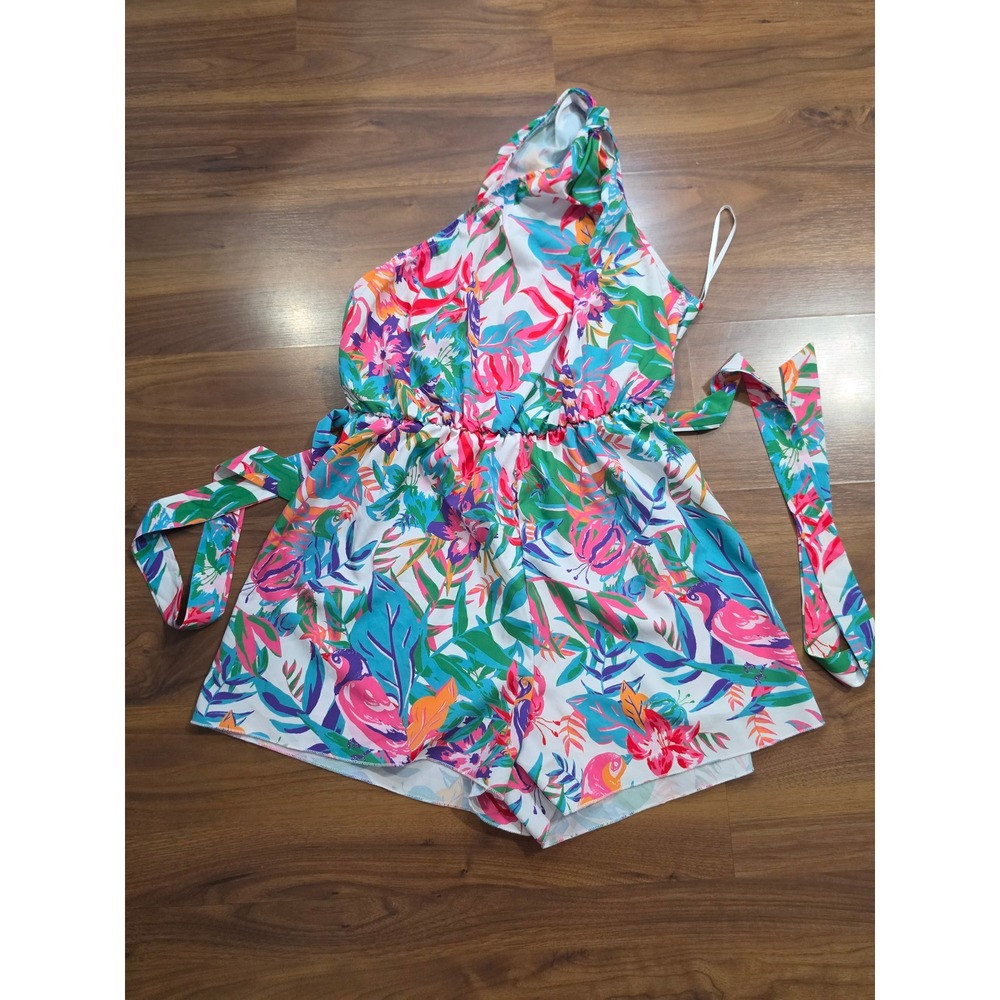 NWT SHEIN One Shoulder Romper Size M Multicolor Tropical Floral Bird Print